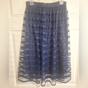 Metro Wear Navy Blue Sheer Striped A-Line Skirt - Large Petite